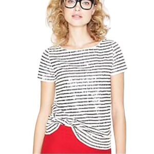 J.Crew Black Off White Stripe Sequin Pullover Top Size XS